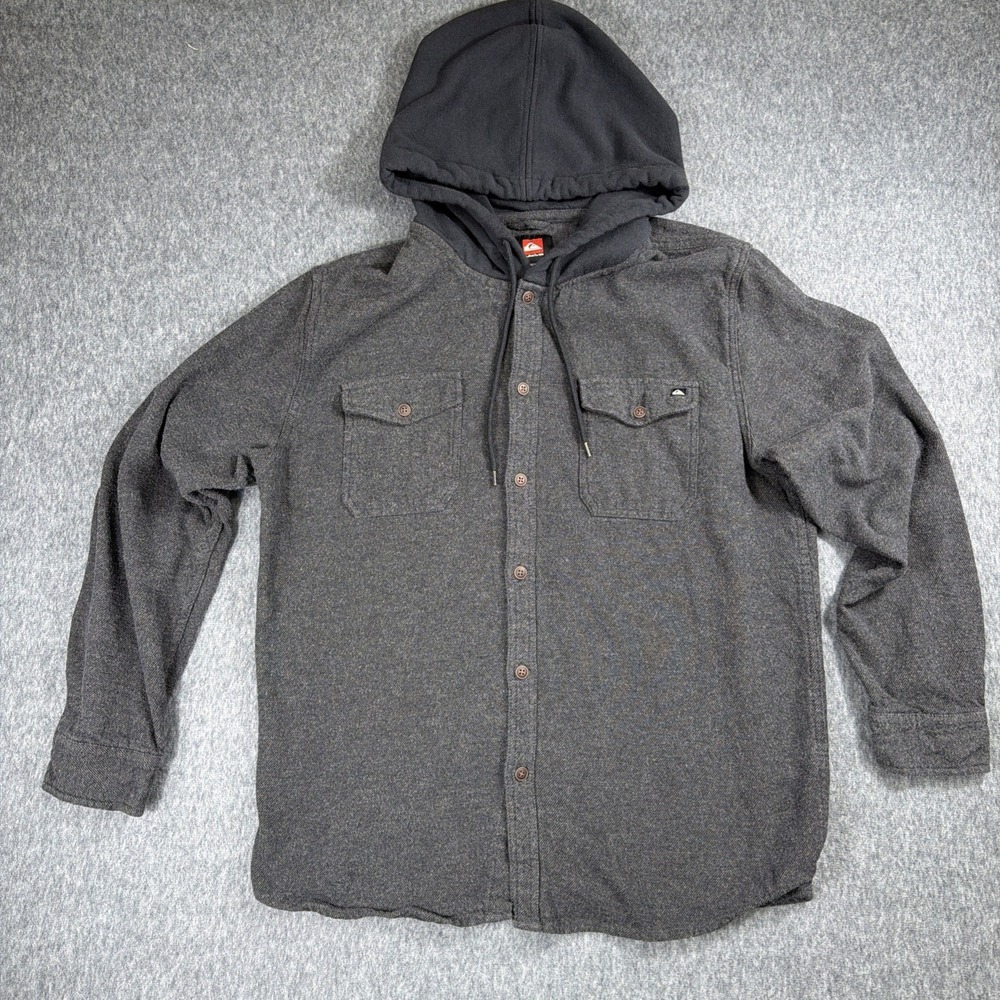 Quiksilver Men Button Up Shirt L Gray Hooded Flannel Long Sleeve Grunge Y2K
